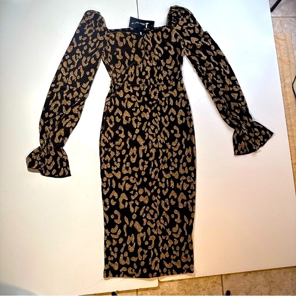 Miss Ord Gold Metallic Black Leopard/Cheetah Print ElasticCuffs Midi Dress NWT S - Picture 3 of 14